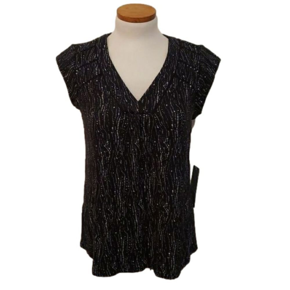 Daniel Rainn Womens Black White Abstract Print V-Neck Cap Sleeve Blouse S NEW‎